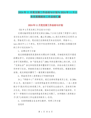 2024年11月党支部工作总结与计划与2024年11月公务员思想政治工作总结汇编