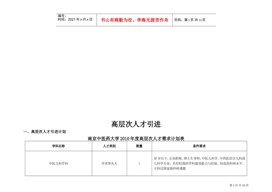 高层次人才引进与人才需求计划_第1页