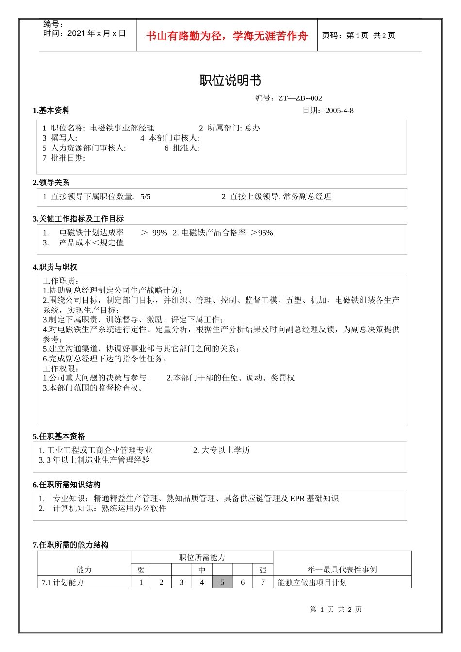 电磁铁事业部经理职务说明书_第1页