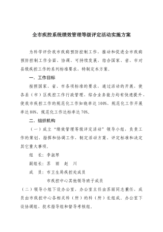 方案全市方案全市疾控系统绩效管理等级评定活动实施