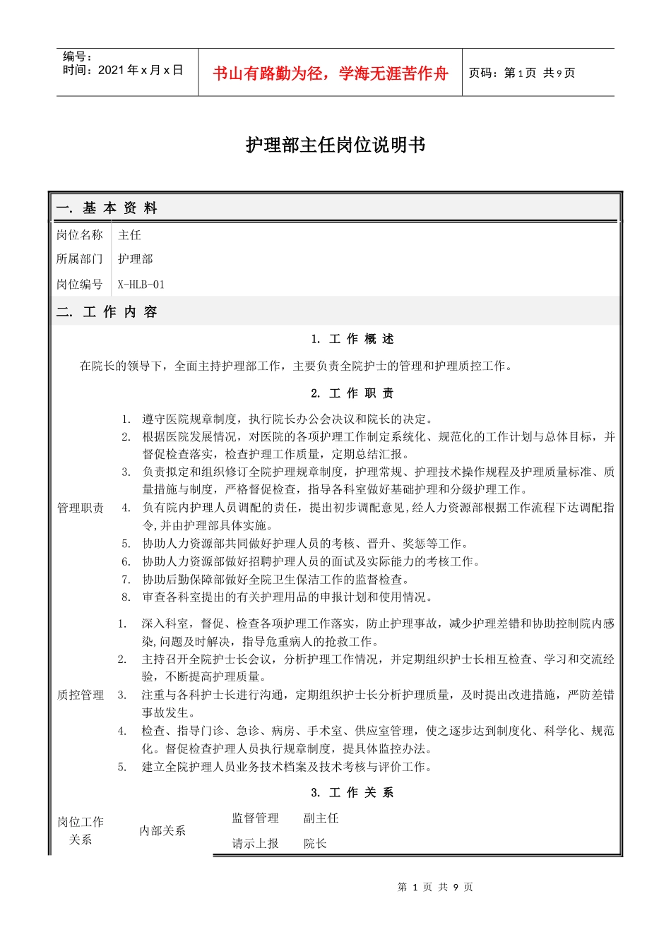 护理部岗位说明书(修订)_第1页