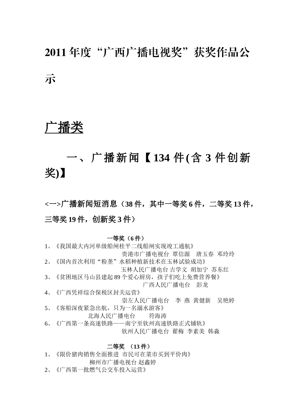 XXXX年度“广西广播电视奖”获奖作品公示_第1页