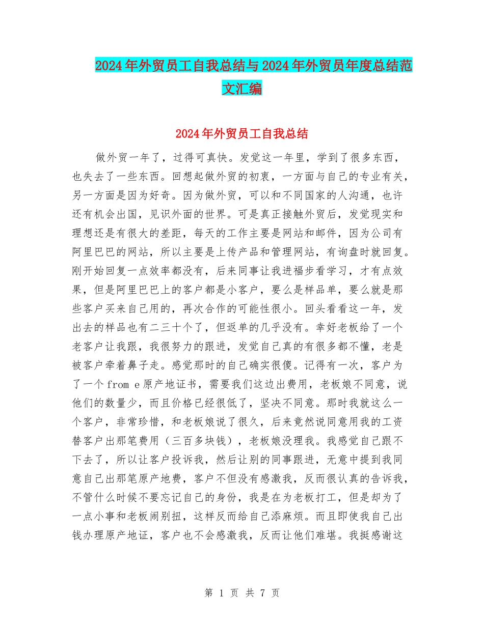 2024年外贸员工自我总结与2024年外贸员年度总结范文汇编_第1页