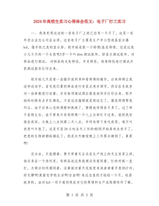 2024年大学生实习心得体会范文：电子厂打工实习
