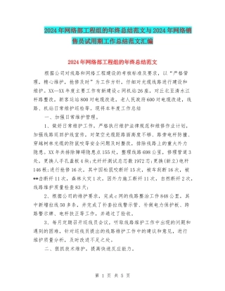 2024年网络部工程组的年终总结范文与2024年网络销售员试用期工作总结范文汇编