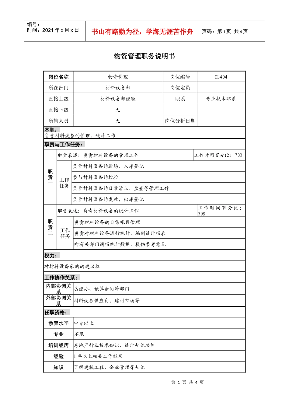 某地产企业物资管理岗位说明书及KPI指标_第1页