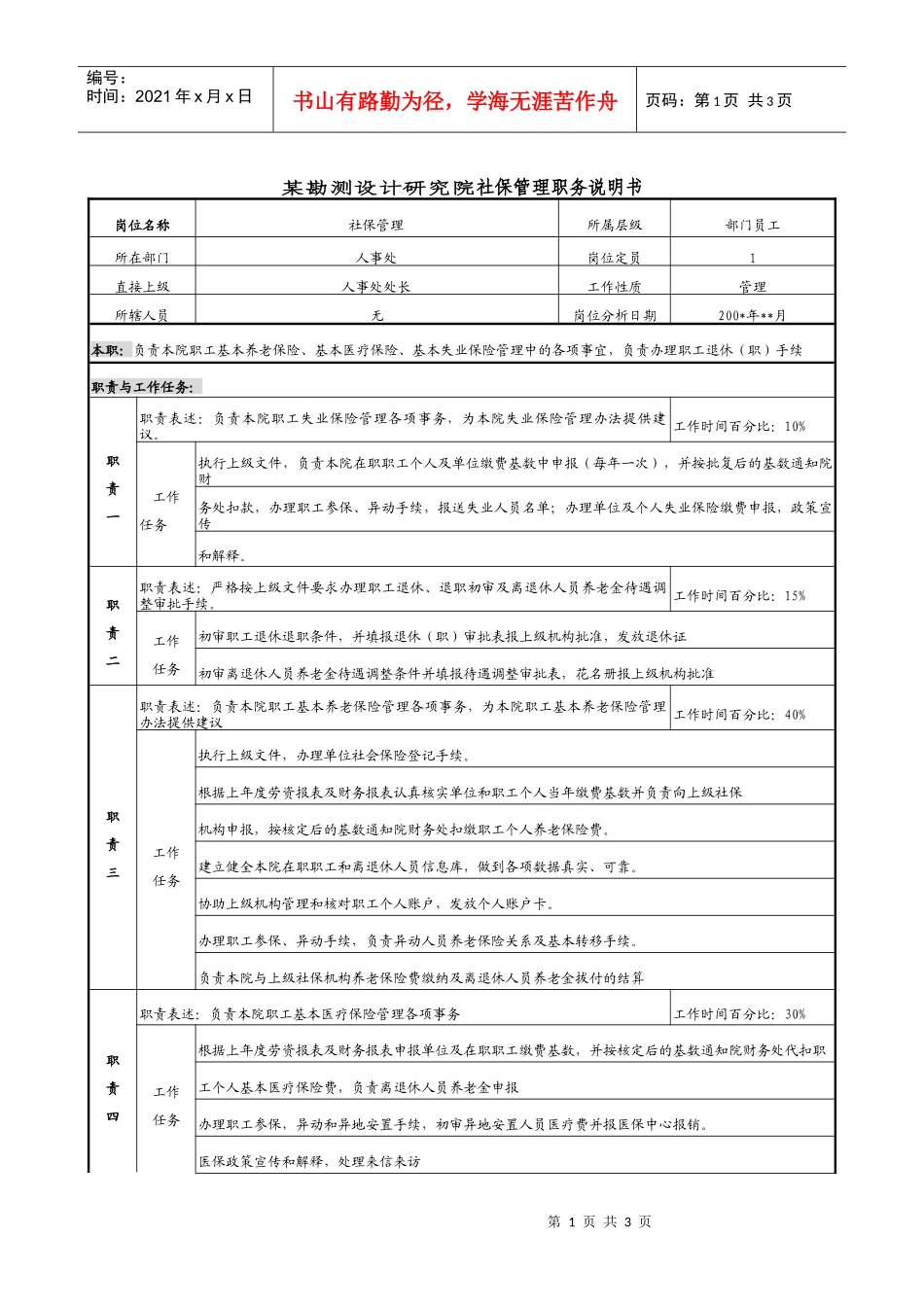 某勘测设计研究院社保管理职务说明书_第1页