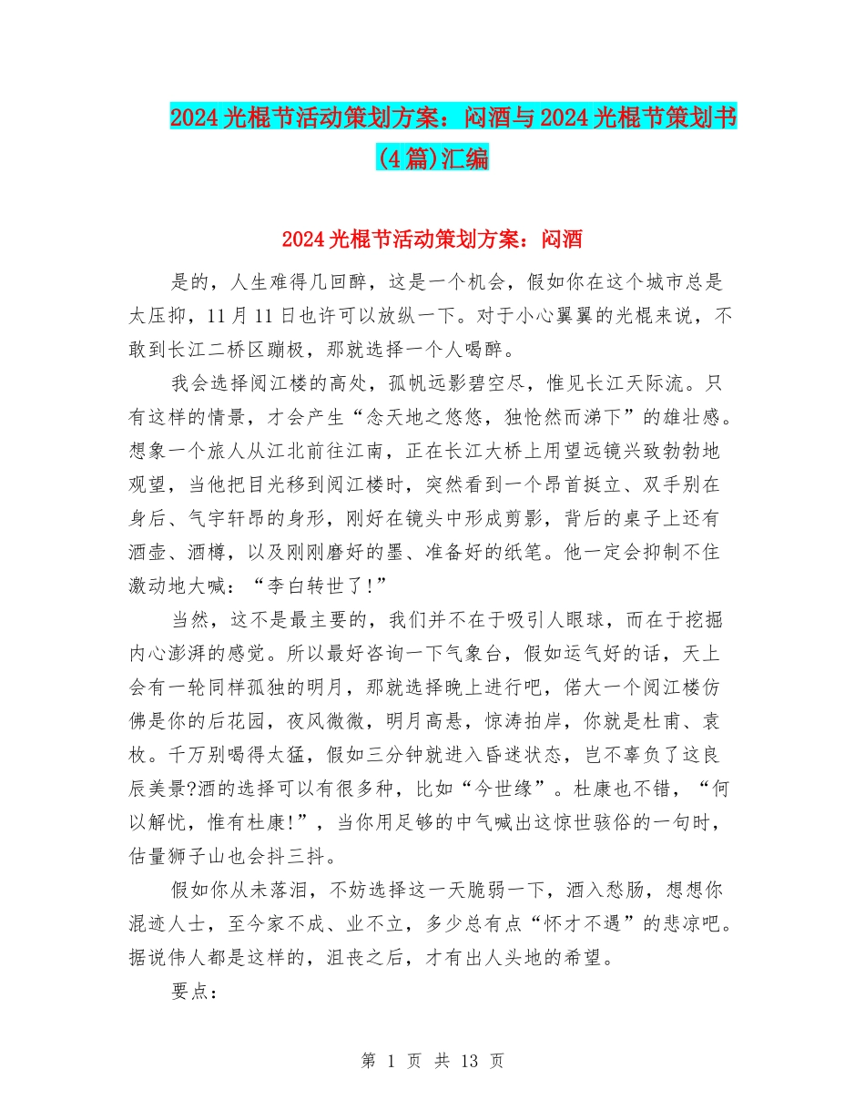 2024光棍节活动策划方案：闷酒与2024光棍节策划书汇编_第1页