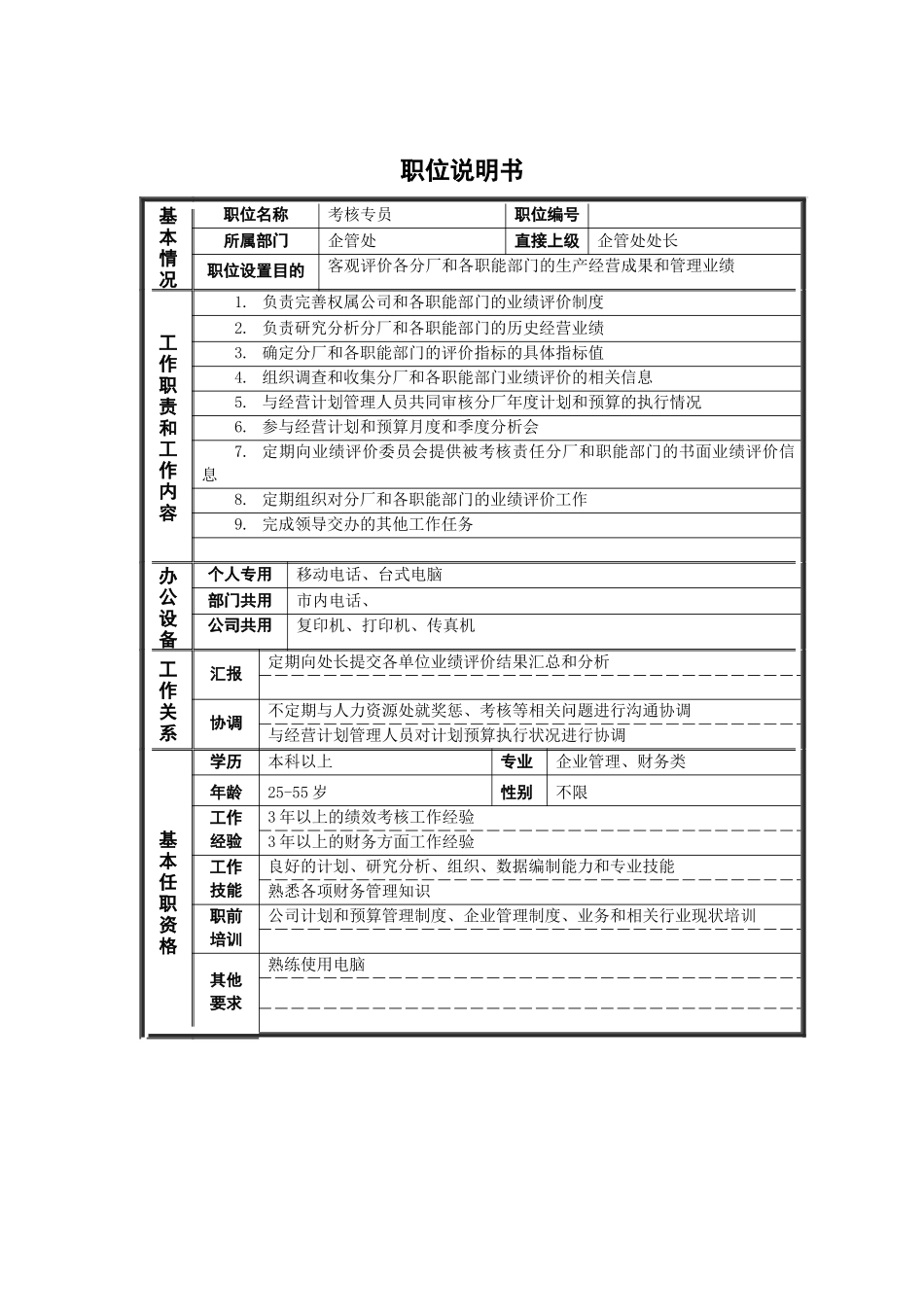 新华信-德龙钢铁企管处考核专员职位说明书_第1页
