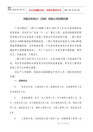 深能合和电力(河源)有限公司招聘启事