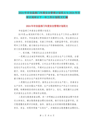 2024年市安监部门年度安全管理计划范文与2024年市审计局审计下一年工作计划范文汇编