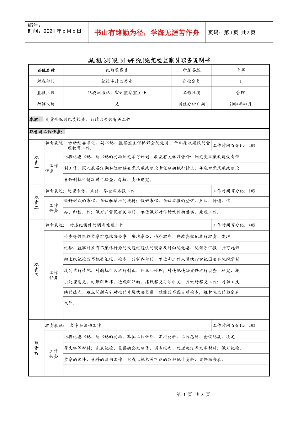 某勘测设计研究院纪检监察员职务说明书._第1页