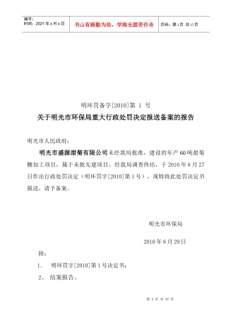 环保局重大行政处罚决定备案报告