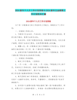 2024新年个人月工作计划表格与2024新年五金销售工作计划范本汇编