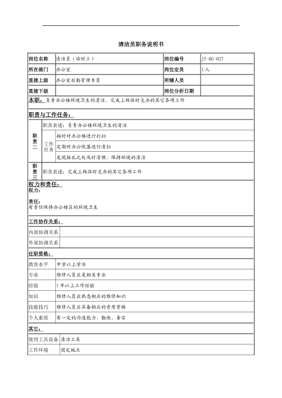 清洁员岗位说明书_第1页