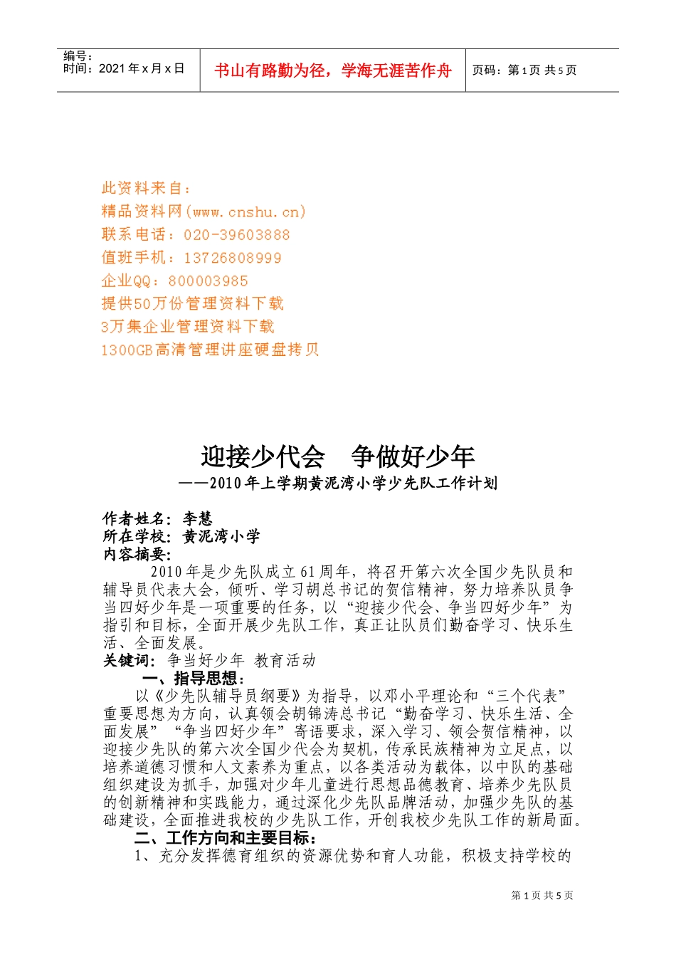 某某小学少先队工作计划_第1页