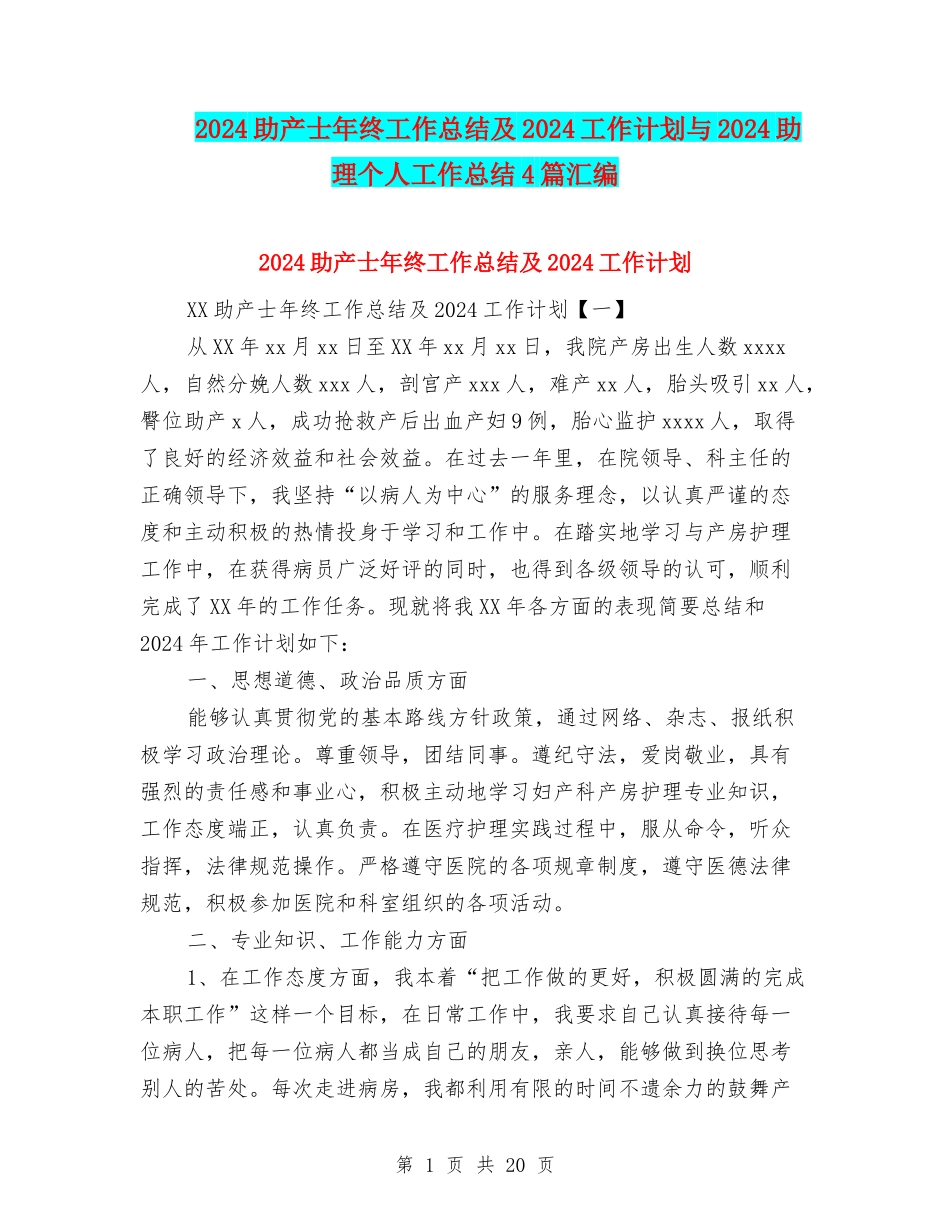 2024助产士年终工作总结及2024工作计划与2024助理个人工作总结4篇汇编_第1页