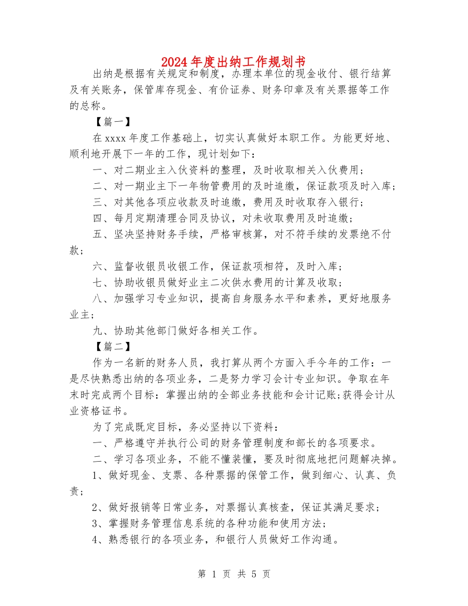 2024年度出纳工作规划书_第1页