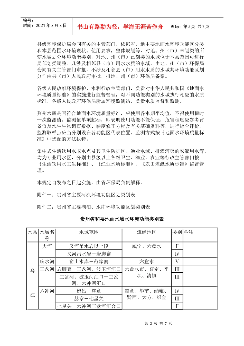 环评：贵州省地面水域水环境功能划类规定_第3页