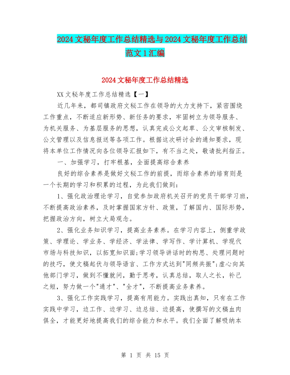 2024文秘年度工作总结精选与2024文秘年度工作总结范文1汇编_第1页