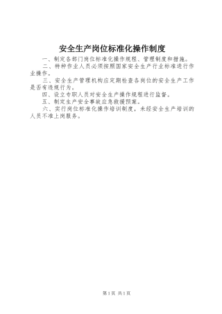 安全生产岗位标准化操作规章制度