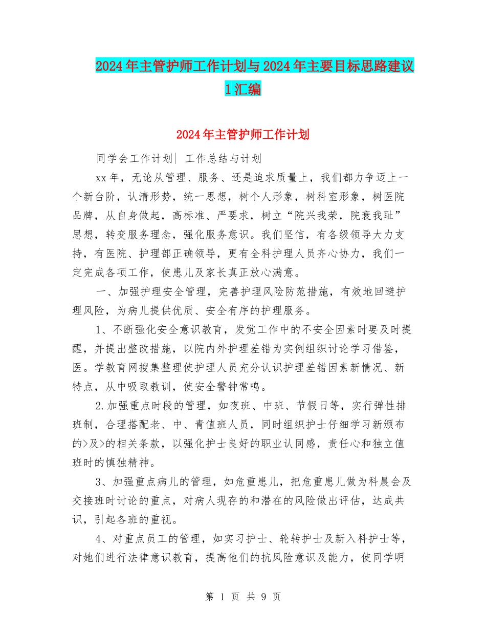 2024年主管护师工作计划与2024年主要目标思路建议1汇编_第1页