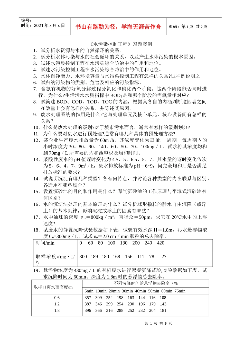 水污染控制工程习题库_第1页