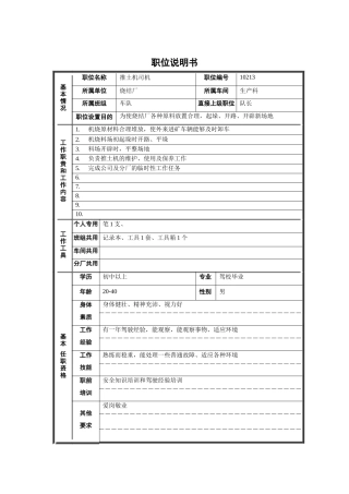 烧结厂生产科车队推土机司机职位说明书