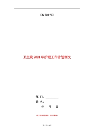 卫生院2024年护理工作计划例文