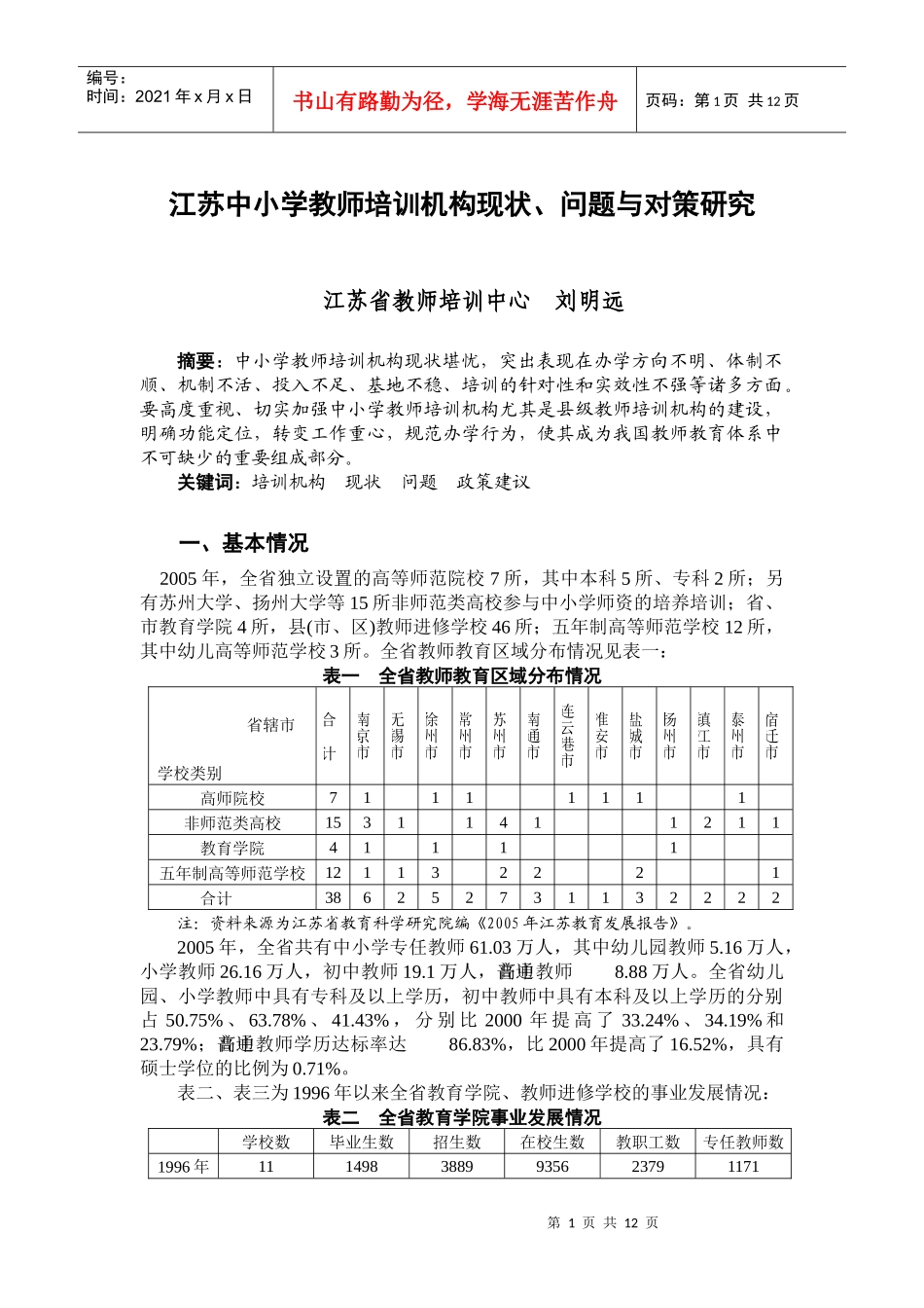 江苏中小学教师培训机构现状-江苏省中小学教师培训机构现状_第1页