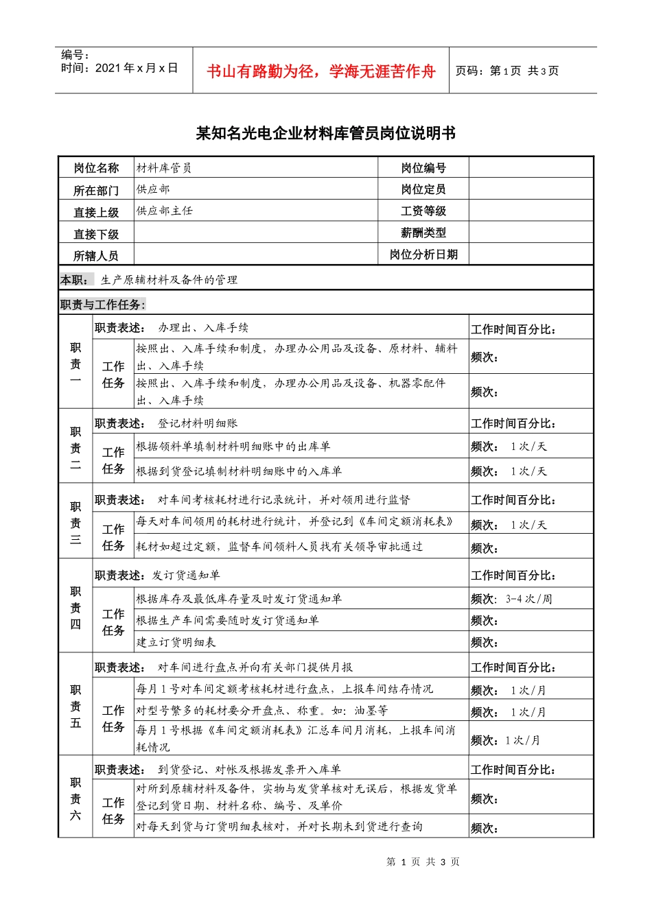 某知名光电企业材料库管员岗位说明书_第1页