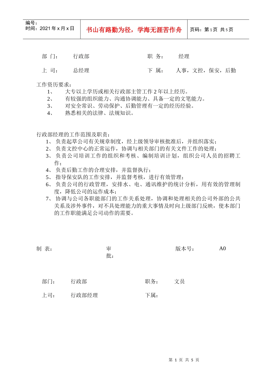 行政部职员岗位说明书_第1页