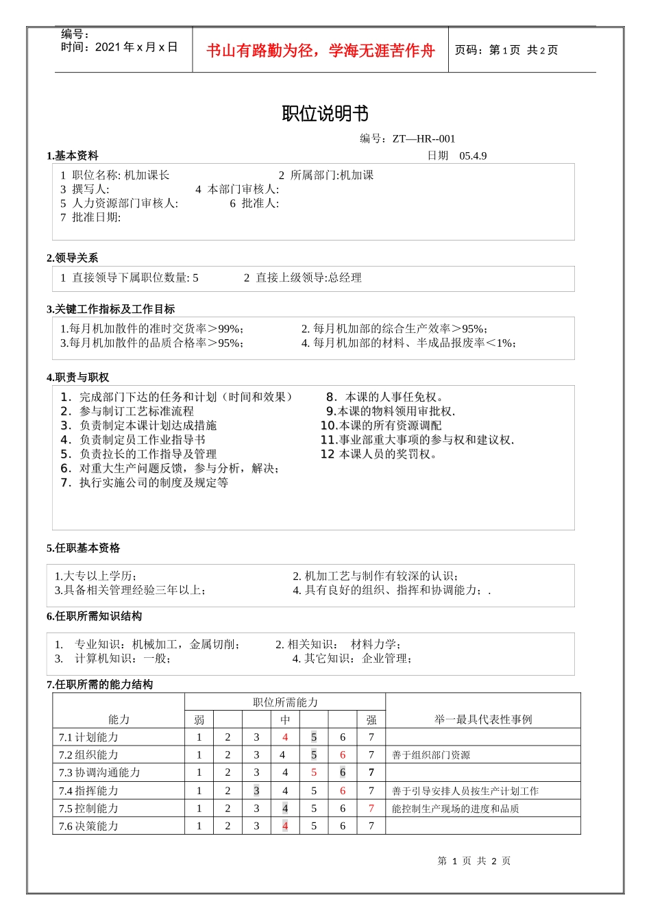 机加课长职位说明_第1页