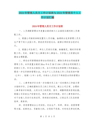 2024年管理人员月工作计划表与2024年管理员个人工作计划汇编
