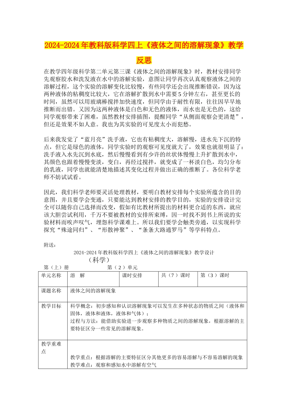 2024-2024年教科版科学四上《液体之间的溶解现象》教学反思_第1页