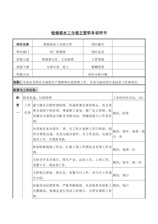 检修部水工分部主管岗位说明书