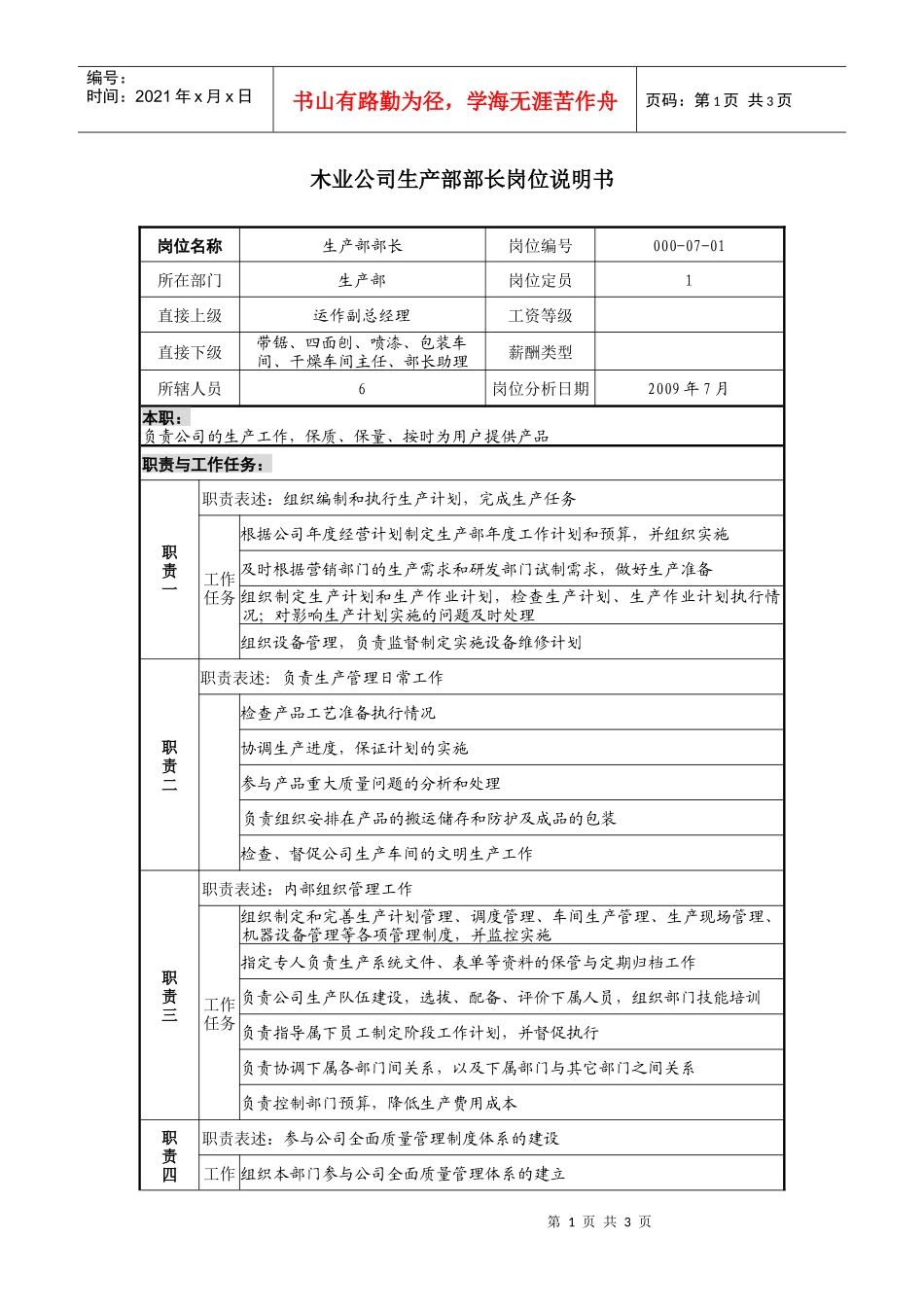 木业公司生产部部长岗位说明书_第1页
