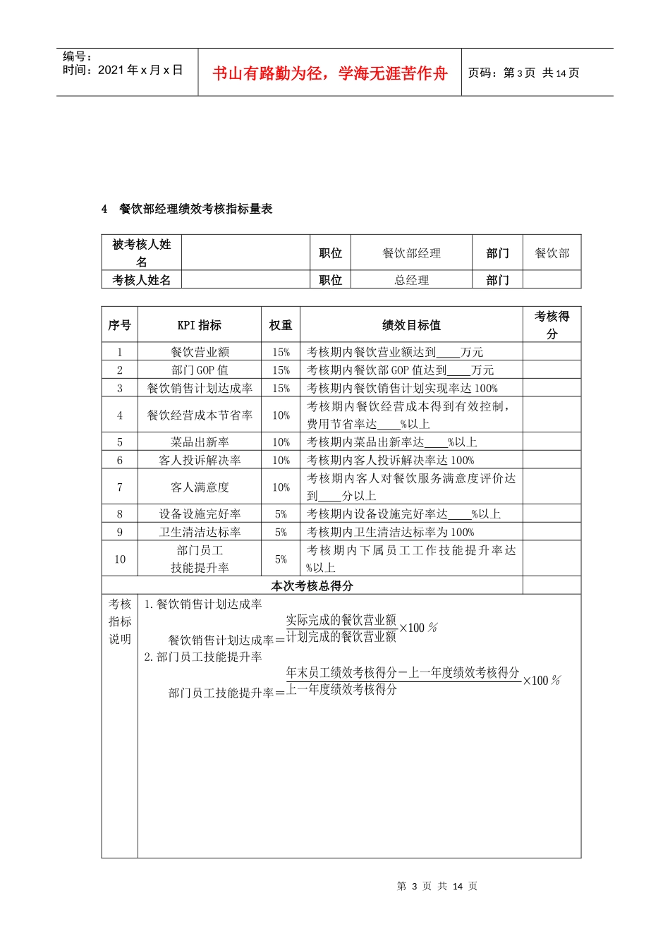 酒店(KPI)绩效考核指标_第3页