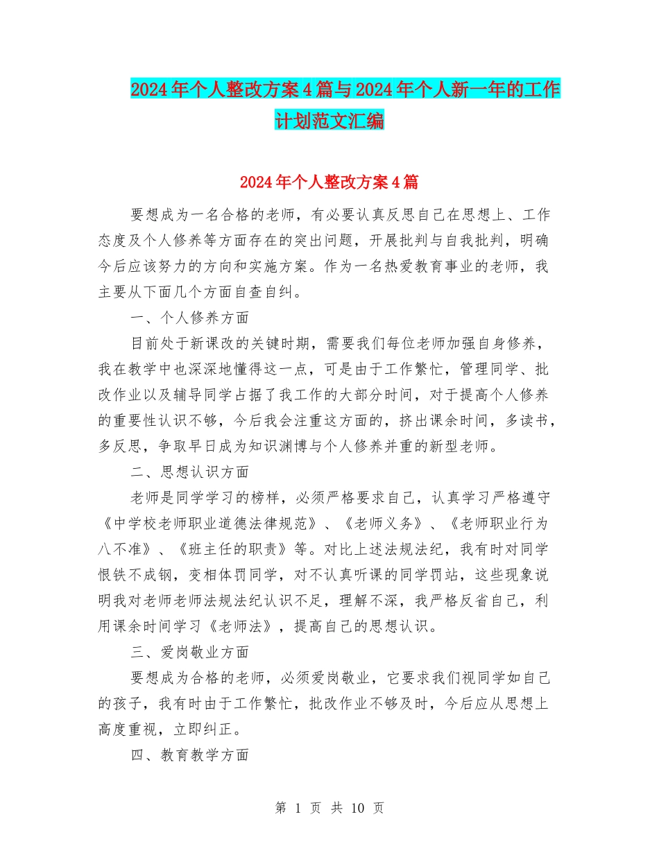 2024年个人整改方案4篇与2024年个人新一年的工作计划范文汇编_第1页