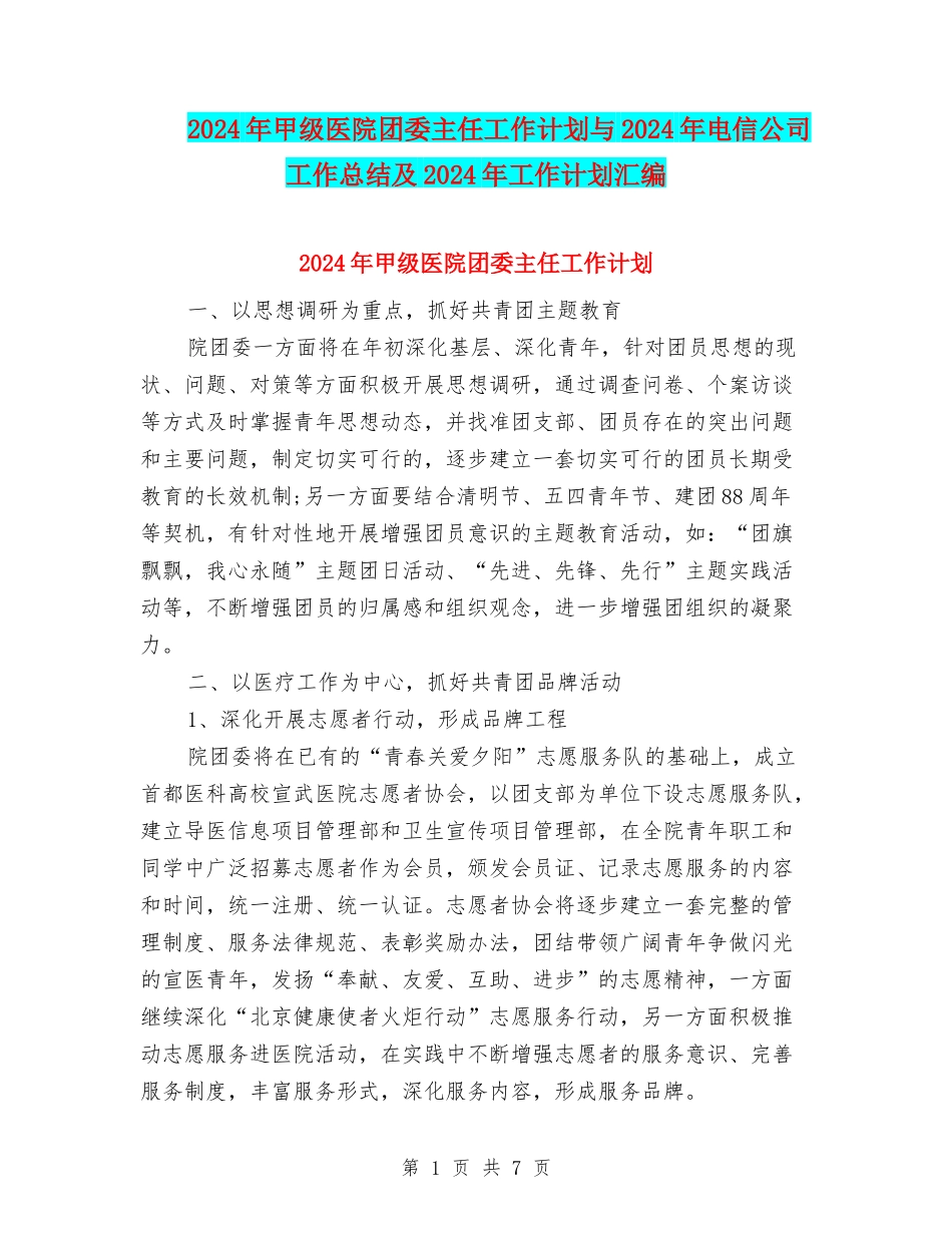 2024年甲级医院团委主任工作计划与2024年电信公司工作总结及2024年工作计划汇编_第1页