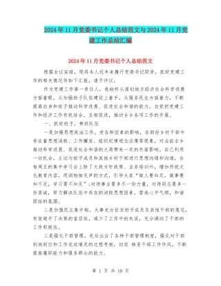 2024年11月党委书记个人总结范文与2024年11月党建工作总结汇编