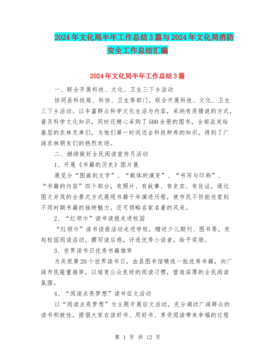 2024年文化局半年工作总结3篇与2024年文化局消防安全工作总结汇编_第1页