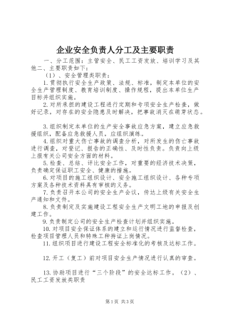 企业安全负责人分工及主要职责要求