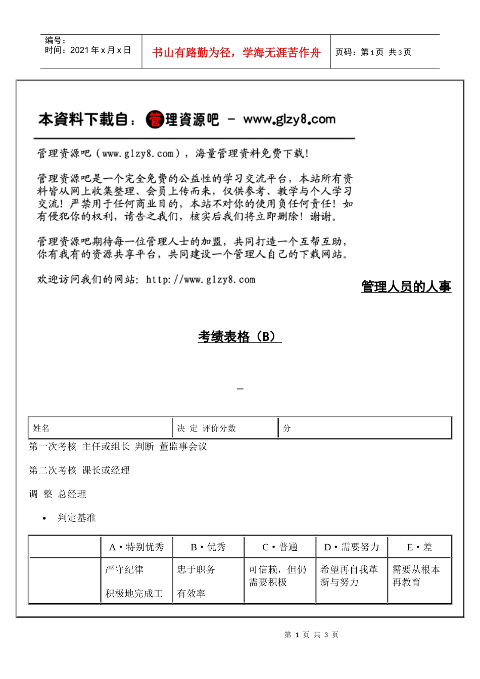 管理人员的人事考绩表格（B）_第1页