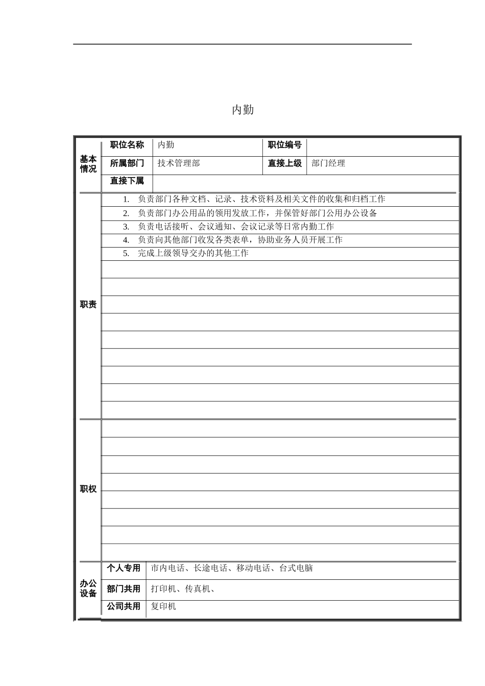 技术管理部内勤岗位说明书_第1页
