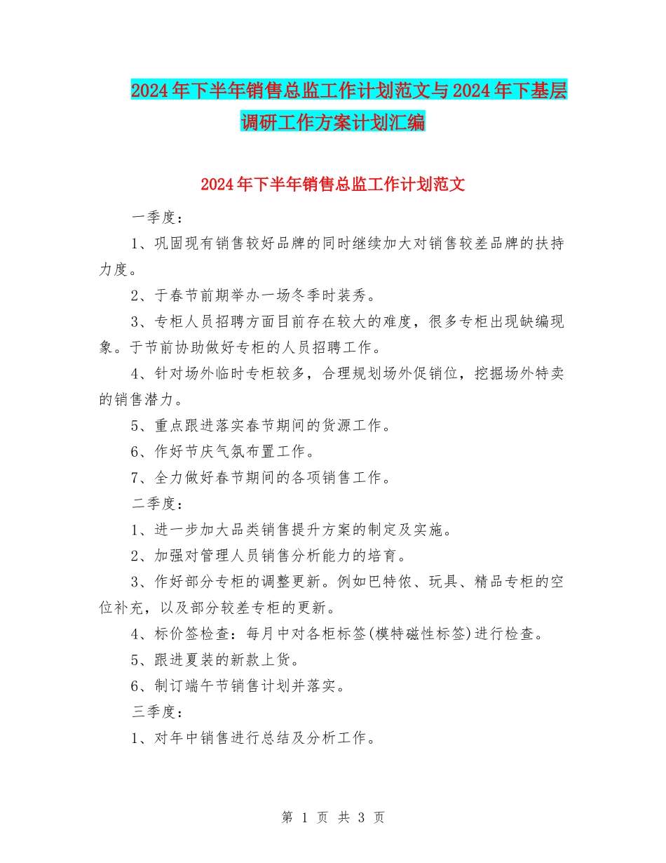 2024年下半年销售总监工作计划范文与2024年下基层调研工作方案计划汇编_第1页