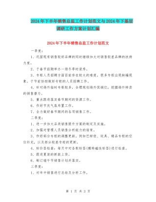 2024年下半年销售总监工作计划范文与2024年下基层调研工作方案计划汇编