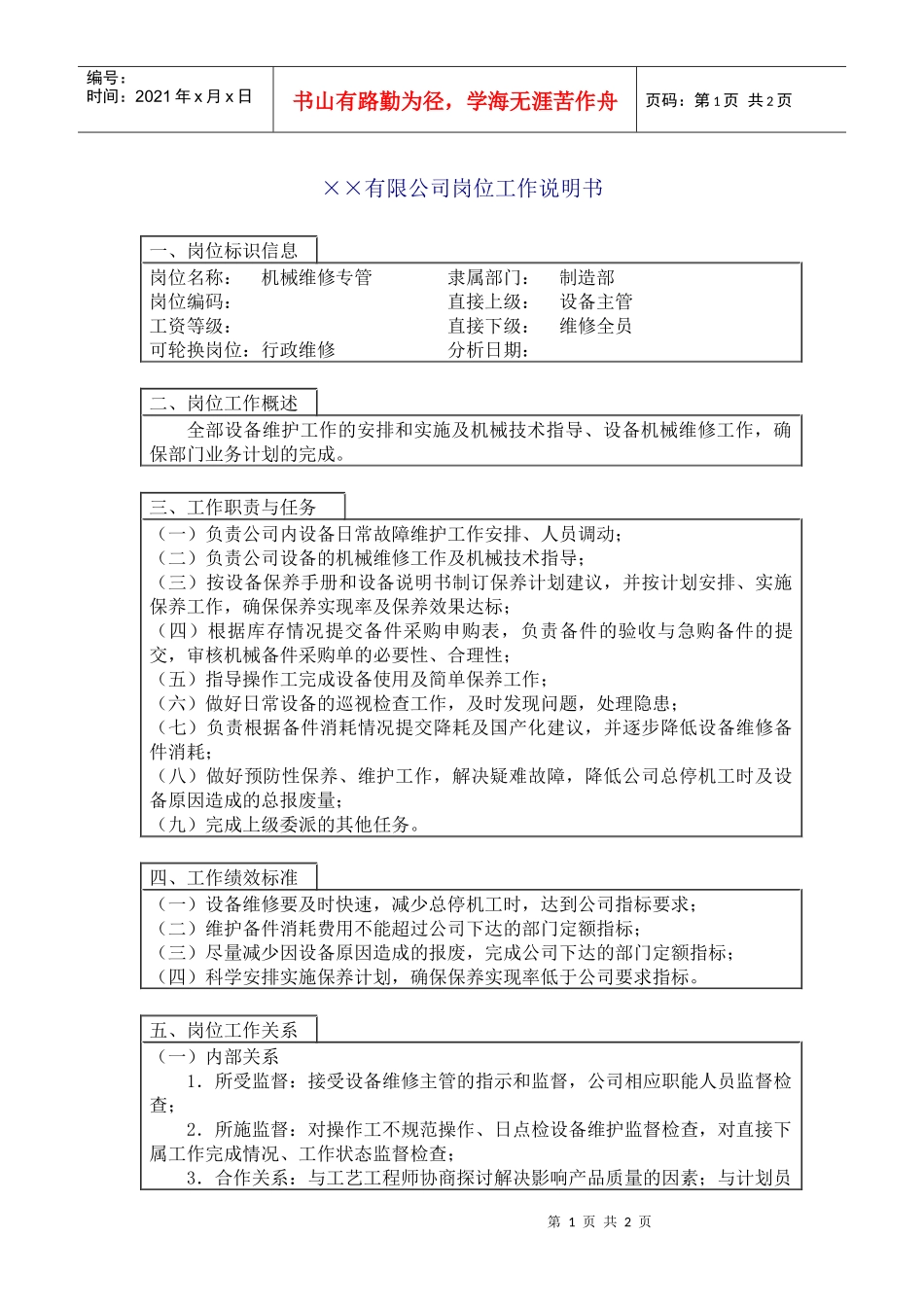 隶属部门：制造部岗位编码：_第1页