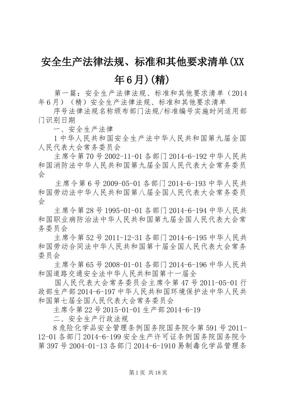 安全生产法律法规、标准和其他要求清单(年6月)(精)_第1页