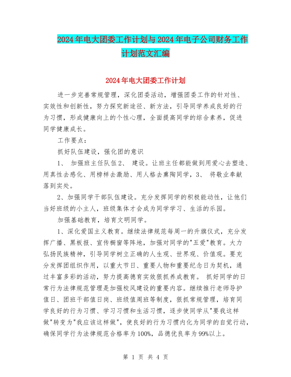 2024年电大团委工作计划与2024年电子公司财务工作计划范文汇编_第1页